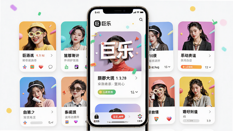 主体为巨乐APP的个性化推荐页面,布局采用卡片式排列,色彩鲜艳活泼,风格时尚年轻,细节丰富,高清画质,干净,图中包含文字