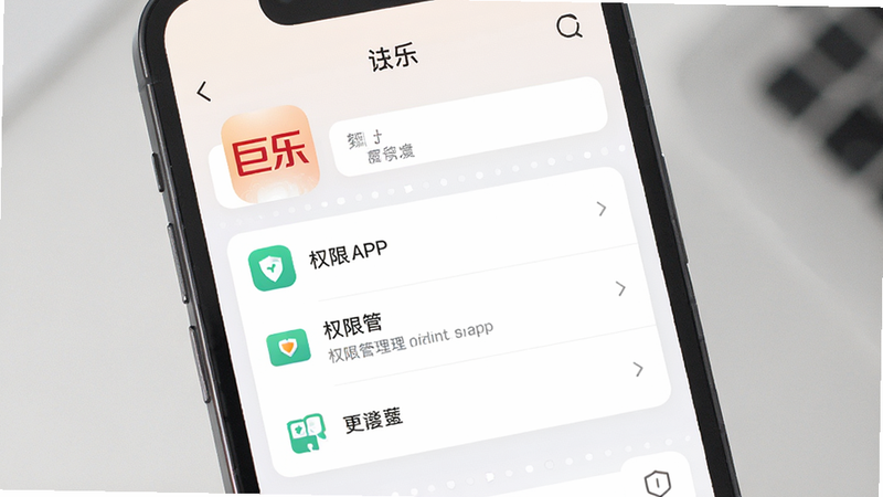 主体为手机设置界面展示巨乐APP的权限管理选项,布局整齐,图标清晰,风格商务简约,细节准确,高清画质,干净,图中包含文字