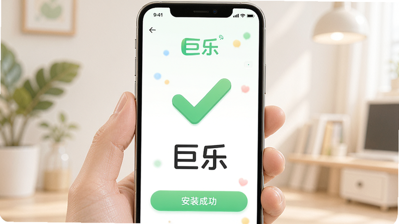 主体为巨乐APP的安装成功界面,布局中心为绿色对勾,风格清新友好,细节柔和,高清画质,干净,图中包含文字