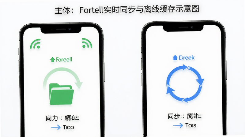 主体为Foretell实时同步与离线缓存示意图,布局为两个手机屏幕并排,排版左右对比,风格简洁现代,细节包含网络信号图标、缓存文件夹图标、同步箭头,颜色使用绿色表示成功,蓝色表示同步,画质高清,干净背景
