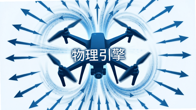 抽象概念图,主体是无人机周围环绕的风力矢量箭头,布局呈放射状,排版清晰,风格科技蓝色调,细节展现气流轨迹,画质高清,干净,无多余元素,文字