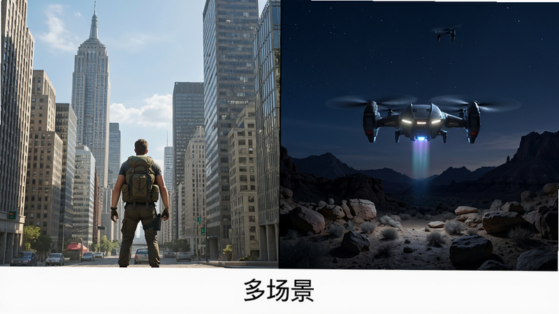 分屏对比图,左侧是白天城市高楼林立的穿越场景,右侧是夜晚山地岩石地带的悬停场景,布局左右对称,排版平衡,风格写实摄影感,细节展现光影变化,画质8K,干净,无多余元素,文字