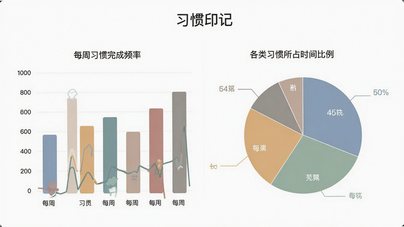 展示“习惯印记”应用的数据统计页面,左侧是一个柱状图,显示每周的习惯完成频率,右侧是一个饼图,分析各类习惯所占的时间比例。图表色彩丰富但不杂乱,采用柔和的莫兰迪色系。背景为纯白,突出数据可视化的清晰度和专业性。文字标注清晰,字体现代简约。整体画面干净,无阴影干扰,强调数据的直观性和易读性