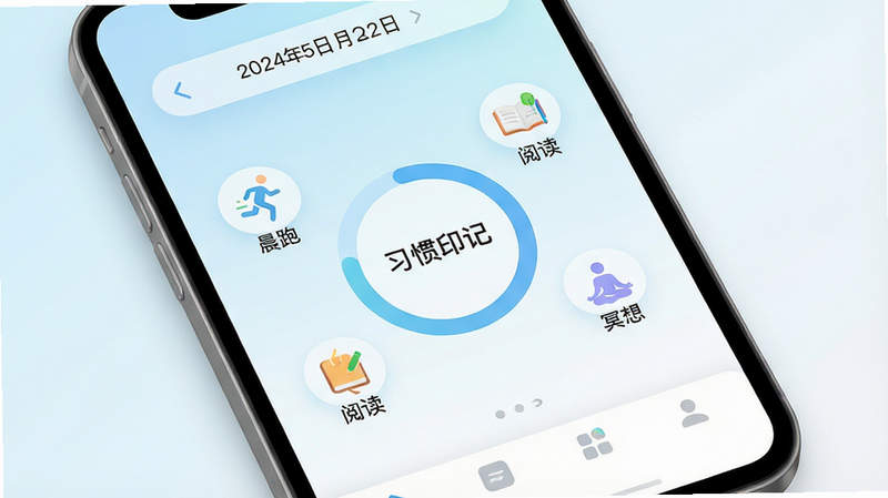 手机屏幕特写,显示名为“习惯印记”的应用界面,背景为清新极简的淡蓝色和白色渐变。主界面中央是一个圆环形的打卡进度图,周围环绕着几个具体的习惯图标,如“晨跑”、“阅读”、“冥想”。界面顶部有清晰的日期导航栏,底部是简洁的导航栏。整体风格扁平化设计,UI元素圆润柔和,文字清晰易读,画质高清,细节精致,无多余装饰元素,展现出现代科技与简约美学的结合