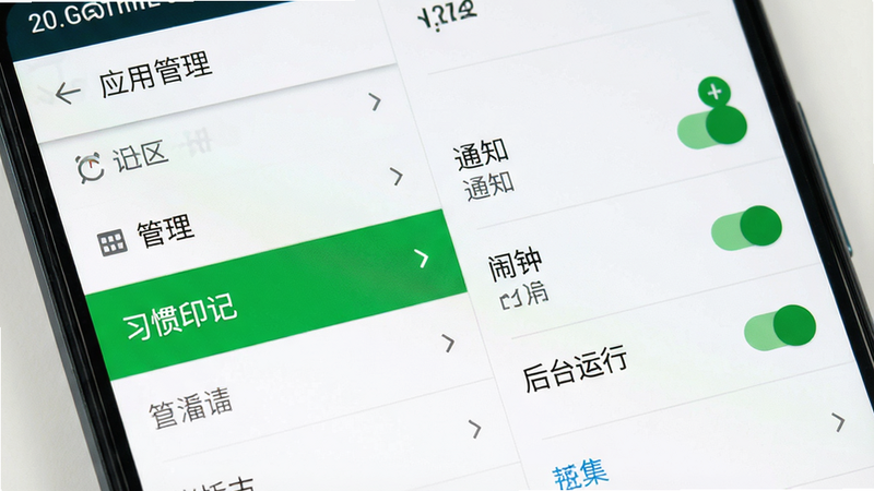 手机设置界面特写,显示“应用管理”列表,其中“习惯印记”被高亮选中。右侧详细权限列表清晰可见,“通知”、“闹钟”、“后台运行”等权限开关均处于开启状态(绿色)。界面风格为安卓原生设置风格,简洁明了。背景干净,无其他应用图标干扰。画质清晰,文字锐利,强调权限设置的重要性