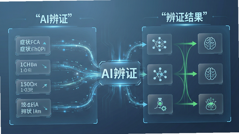 主体为AI辨证分析流程图,布局为左右结构,左侧输入症状数据,右侧输出辨证结果,排版简洁,风格现代医疗科技感,细节展示数据流动光效,画质8k,干净,无多余元素,文字“AI辨证”加引号