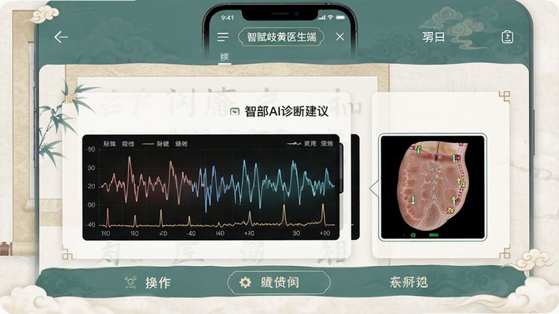 主体为智赋岐黄医生端App界面全屏展示,布局清晰分为顶部导航、中部AI诊断建议区、底部操作栏。排版采用中医风格淡雅配色,细节展示脉象波形图与舌苔图像识别框,风格科技与古朴结合,画质高清,干净,无多余元素,文字“智赋岐黄医生端”清晰可见