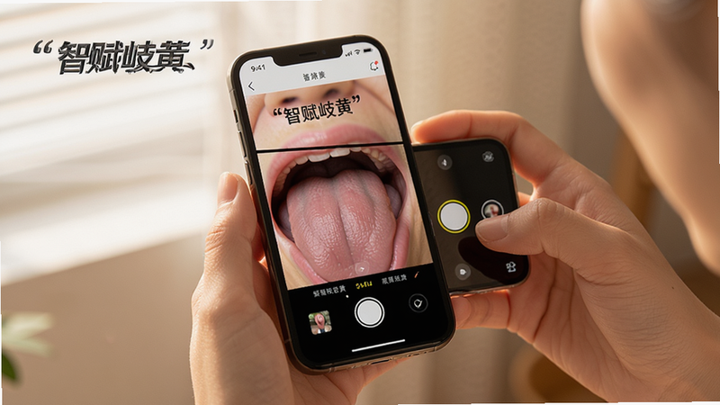 主体为手机手持使用场景,布局为人物手持手机拍摄舌象,排版生活化,风格温暖自然光,细节展示手机屏幕上的App界面与舌头特写,画质写实,干净,无多余元素,文字“智赋岐黄”加引号