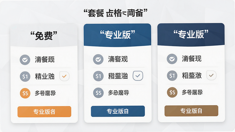 主体为价格套餐卡片对比图,布局为三列卡片,排版整齐,风格简洁商务,细节展示不同套餐的功能差异图标,画质高清,干净,无多余元素,文字“免费”与“专业版”加引号