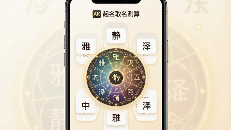 一张展示“起名取名测算”手机App界面的高清预览图。主体为竖屏手机屏幕,背景为柔和的米白色渐变。屏幕中央显示一个圆形的五行罗盘动画,周围环绕着精选的汉字推荐卡片,卡片上写着“雅”、“静”、“泽”等字样。顶部有“起名取名测算”的应用名称Logo。布局清晰,排版整洁,风格为现代简约科技风,细节处带有淡淡的金色光晕,画质4k,干净无多余元素。