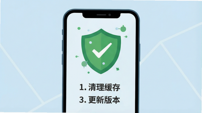 一张手机故障排查指南的信息图。主体为手机屏幕,显示一个绿色的盾牌图标,代表安全与优化。屏幕下方列出三个要点:1. 检查网络;2. 清理缓存;3. 更新版本。背景为浅蓝色,风格为扁平化信息图,文字清晰,布局对称,画质高清,无多余装饰。