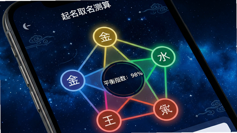 展示“起名取名测算”中五行分析界面的特写图。主体为手机屏幕局部,显示一个动态的五行相生相克图表,金木水火土五个节点以不同颜色发光,中心显示“平衡指数:98%”。背景为深蓝色星空纹理,突出科技感与传统结合。排版紧凑,文字清晰,风格为扁平化设计,细节丰富,画质高清,无杂乱背景。