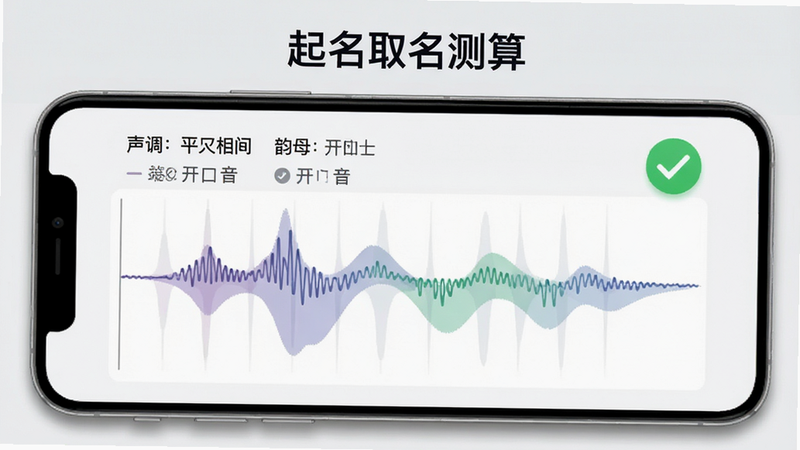 “起名取名测算”的音韵分析页面截图。主体为手机屏幕,显示一个声波波形图,波形流畅优美,上方标注“声调:平仄相间”、“韵母:开口音”。旁边有一个绿色的对勾图标,表示通过测试。背景为浅灰色,文字为深黑色,布局居中,风格简洁现代,细节处有细微的阴影效果,画质清晰,无多余装饰。