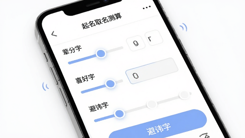 “起名取名测算”的自定义设置界面。主体为手机屏幕,显示多个滑块和输入框,分别标注“辈分字”、“喜好字”、“避讳字”。界面布局清晰,按钮为圆角矩形,颜色为柔和的蓝色。背景为白色,风格为极简主义UI设计,细节处有微交互动效示意,画质高清,无多余元素。
