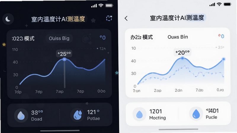 分屏展示“室内温度计AI测温度”应用的两种模式界面,左侧为深色睡眠模式,右侧为浅色办公模式,界面中有温度曲线图和湿度图标,风格现代简约,扁平化设计,色彩柔和,无杂乱背景,高清屏幕截图,细节清晰,排版整齐,突出软件功能差异
