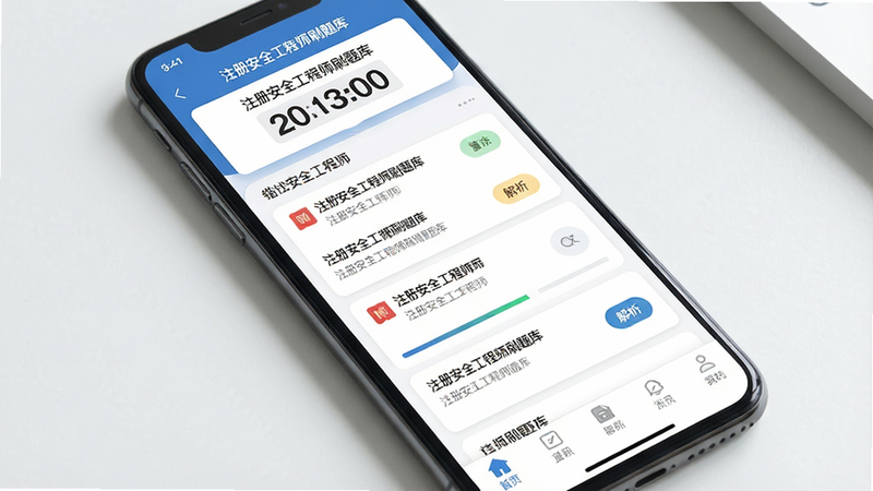 主体为手机屏幕展示“注册安全工程师刷题库”APP界面,布局采用简洁卡片式设计,顶部显示考试倒计时,中部为题目列表与进度条,底部为导航栏,风格为现代扁平化UI,细节清晰展示错题标记与解析入口,画质高清,干净,无多余元素,文字引用“注册安全工程师刷题库”