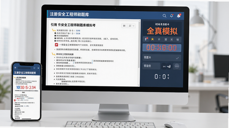 主体为电脑显示器与手机同步展示“注册安全工程师刷题库”模拟考界面,布局左右分屏,左侧为题目区,右侧为答题卡与计时器,风格为专业商务风,细节体现时间倒计时数字高亮,画质清晰,干净,无多余元素,文字引用“全真模拟”