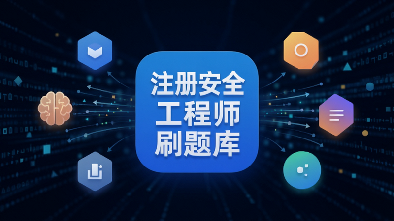 主体为抽象的数据流背景,前景为“注册安全工程师刷题库”APP图标,布局中心聚焦,周围环绕着代表知识点的几何图形,风格为极简主义,细节体现数据流动的动效,画质清晰,干净,无多余元素,文字引用“海量题库”
