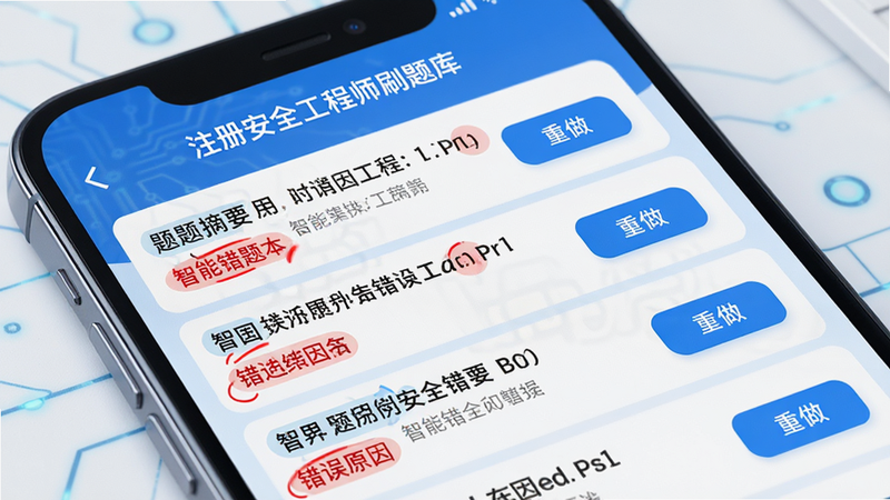 主体为手机界面特写,展示“注册安全工程师刷题库”的错题本页面,布局为列表形式,每条记录包含题目摘要、错误原因标签及重做按钮,风格为科技感蓝色调,细节显示红色高亮的错误标记,画质高清,干净,无多余元素,文字引用“智能错题本”