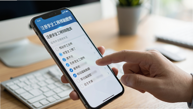 主体为一只手握着手机正在操作“注册安全工程师刷题库”,背景虚化的办公桌面,布局聚焦于手指点击屏幕的动作,风格为生活化写实,细节显示屏幕上的题目选项被选中,画质清晰,干净,无多余元素,文字引用“移动端刷题”