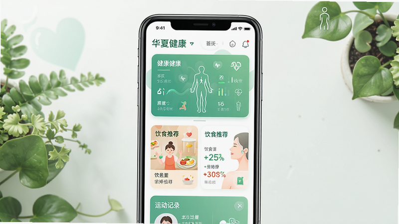 ����Ϊ���Ľ���APP���ֻ�����չʾ������������������ҳ�����Ǳ��̡���ʳ�Ƽ���Ƭ���˶���¼ģ�顣�Ű����ִ����������������ϸ�ڴ���ʾ��ɫֲ��Ԫ������������ͼ�ꡣ���ʸ��壬�ɾ��޶���Ԫ�أ�����