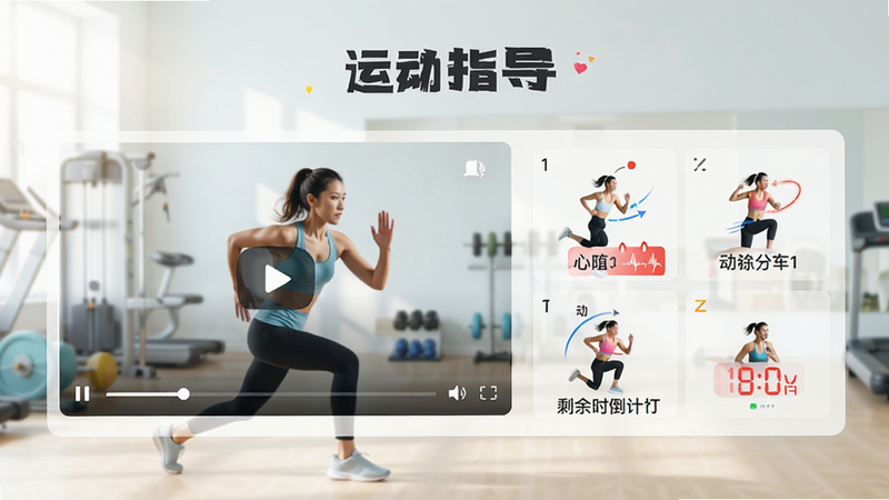 ����Ϊ���Ľ���APP���˶�ָ��ҳ�棬���ְ�����Ƶ�������붯���ֽⲽ���������������У�ϸ�ڴ���ʾ����������ʾ��ʣ��ʱ�䵹��ʱ�����ʸ��壬�ɾ����䣬����