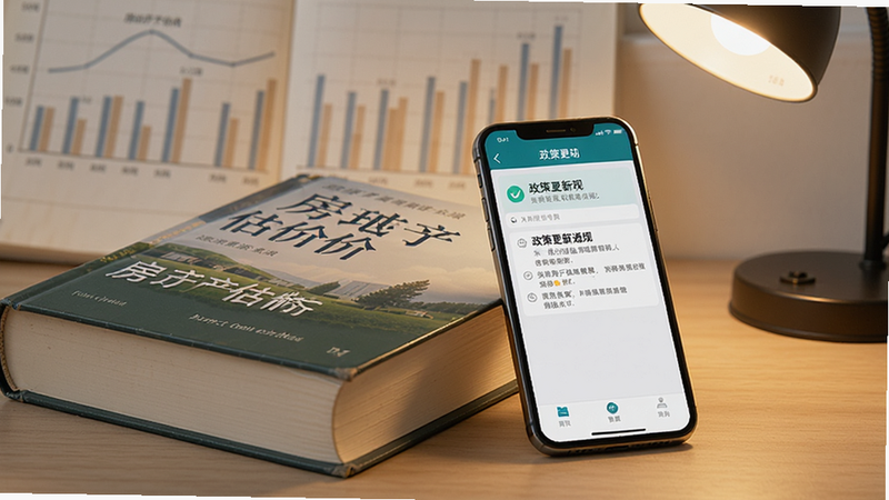 书籍与手机并排摆放,书本为房地产估价教材,手机屏幕显示APP内的政策更新通知界面,暖色调灯光,营造专注学习氛围,细节清晰,体现资料与工具的结合,写实风格,干净背景