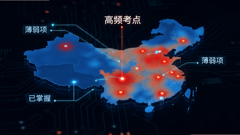 抽象化数据可视化图表,展示用户错题分布热力图,红色区域代表高频错误知识点,蓝色区域代表已掌握内容,图表悬浮在深色背景上,科技感线条连接各数据点,文字标签清晰标注“高频考点”、“薄弱项”,极简主义风格,高对比度,清晰易读