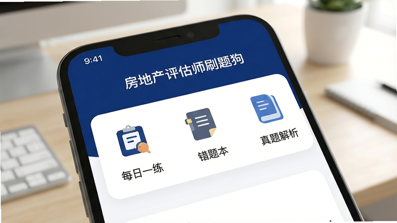 手机屏幕特写,显示“房地产评估师刷题狗”APP界面,主色调为深蓝色与白色,界面清晰展示“每日一练”、“错题本”、“真题解析”三个核心模块图标,背景为柔和的办公桌面环境,光线明亮,UI设计现代简约,高清写实风格,无多余水印,干净利落