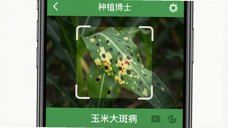 手机屏幕特写,显示“种植博士”APP的拍照识别界面,中间有一个取景框,框内是一片带有斑点的玉米叶,下方显示识别结果“玉米大斑病”,风格扁平化UI设计,色彩清新绿色系,布局简洁直观,细节展示清晰文字与图标,画质高清,干净背景