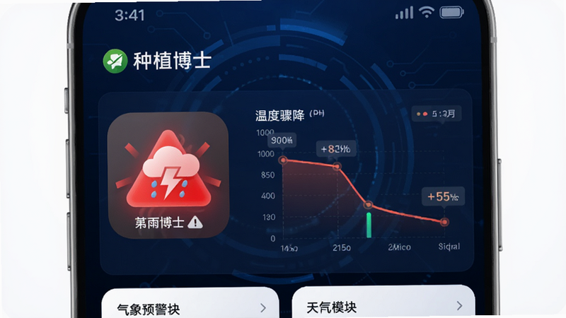 气象预警界面设计图,显示“种植博士”APP中的天气模块,图标为红色暴雨警告标志,旁边显示温度骤降曲线图,背景为深蓝色科技风,布局紧凑有序,文字清晰可见,风格现代简约,细节包含动态数据图表,画质细腻,无杂乱元素