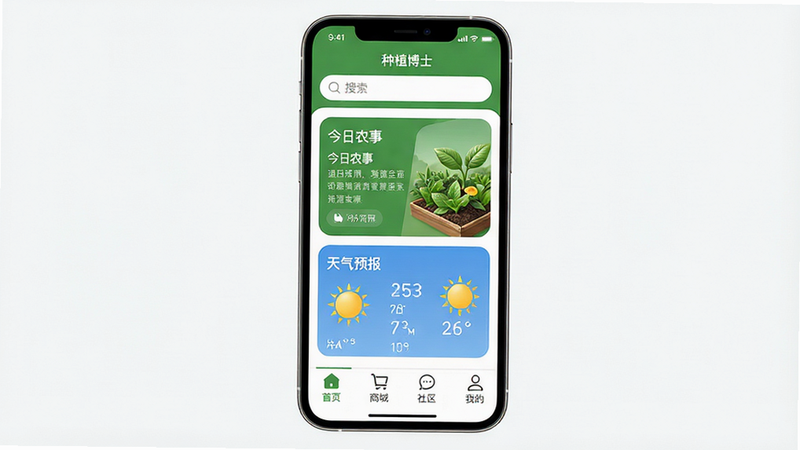 移动端APP界面设计图,显示“种植博士”APP的首页布局,顶部为搜索栏,中间为“今日农事”卡片和“天气预报”模块,底部为导航栏包含“首页”、“商城”、“社区”、“我的”,风格简约清新,绿色主色调,图标清晰,布局对称平衡,细节展现UI元素,画质高清,干净背景