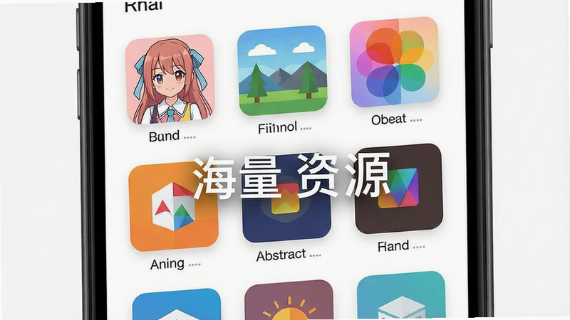 主体为手机界面展示,显示壁纸分类列表,包含动漫、风景、抽象等图标,布局网格状,排版整齐,风格扁平化设计,细节清晰,画质高清,干净,无多余元素,文字