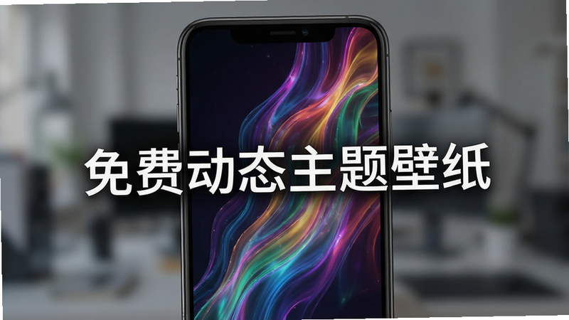 主体为手机屏幕特写,展示着绚丽流动的彩色光影动态壁纸,背景虚化,突出屏幕内容,布局居中,排版简洁,风格现代科技感,细节丰富,画质高清,干净,无多余元素,文字