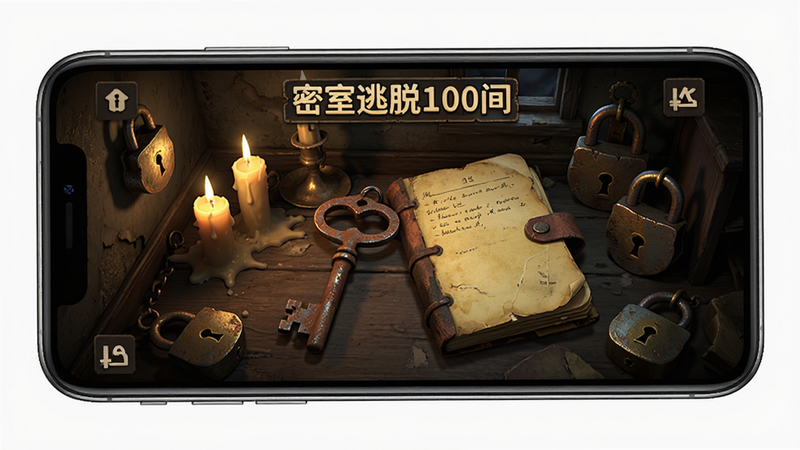 主体为一部现代智能手机屏幕,屏幕中显示“密室逃脱100间”游戏界面,昏暗的复古房间场景,中央有一把生锈的钥匙和一本泛黄的日记,周围散落着蜡烛和锁具,布局紧凑,写实风格,高清晰度,细节丰富,无多余元素,干净背景,4K画质