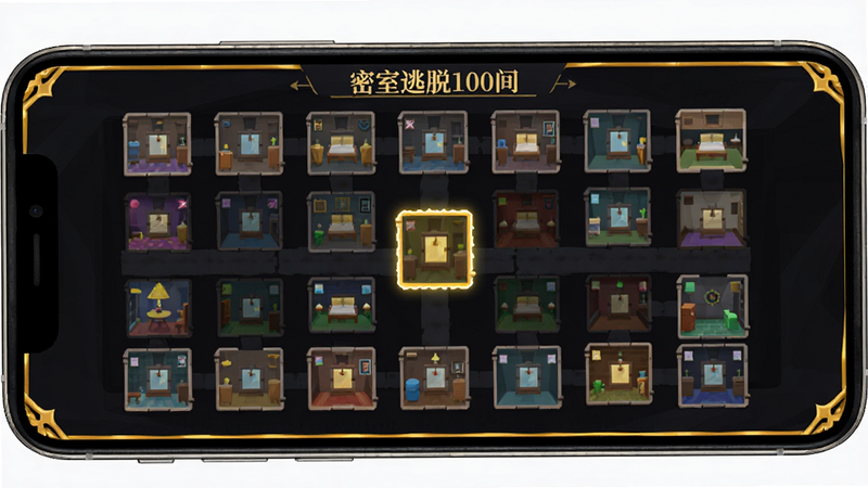 主体为手机游戏UI界面,显示“密室逃脱100间”关卡地图,深色背景,金色边框,地图上标记着多个房间图标,其中一个图标高亮显示,排版整齐,扁平化设计风格,色彩对比鲜明,清晰易读,无水印,高清