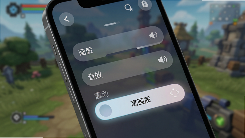 主体为手机屏幕特写,显示游戏设置界面,背景为模糊的游戏场景,界面中有“画质”、“音效”、“震动”选项,选中“高画质”,UI设计简洁现代,按钮圆润,色彩柔和,清晰展示操作状态,无杂乱背景,高清细节,干净构图