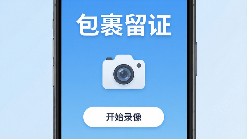 主体为一款名为“包裹留证”的手机APP界面示意图,布局采用居中构图,背景为干净的浅蓝色渐变,排版清晰,风格为现代扁平化UI设计,细节包含一个醒目的摄像头图标和“开始录像”按钮,画质高清,干净无多余元素,文字“包裹留证”以白色粗体显示在顶部