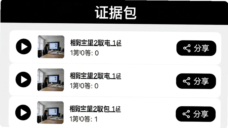 主体为APP内的“证据包”管理界面,布局为列表式排版,背景为浅灰色,风格为商务办公风,细节显示三个文件条目,每个条目前有播放图标和缩略图,右侧有“分享”按钮,画质清晰,干净,无多余元素,文字“证据包”以黑色加粗字体显示在标题栏