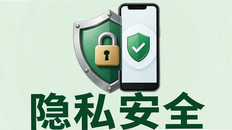 主体为一个盾牌图标与手机结合的画面,布局为中心对称,背景为淡绿色,风格为安全防护风,细节显示盾牌上有一个锁头标志,手机屏幕显示安全认证标志,画质清晰,干净,无多余元素,文字“隐私安全”以深绿色加粗字体显示在底部