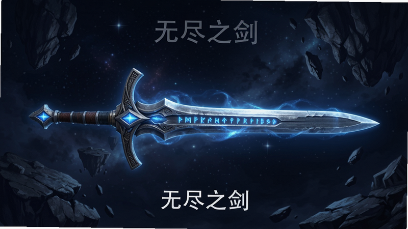 主体为一把散发着蓝色魔法光芒的精致长剑,剑身刻有复杂符文,背景是深邃的星空与破碎的浮岛,布局居中突出主体,排版简洁大气,风格为写实3D渲染,细节丰富展现金属质感,画质4K高清,干净无多余元素,文字标注