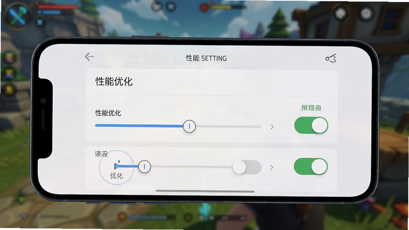主体为手机屏幕显示游戏设置界面,布局突出“性能优化”选项,背景为模糊的游戏画面,风格为简洁UI设计,细节展示滑块与开关状态,画质清晰,干净,无多余元素,文字包含“性能优化”