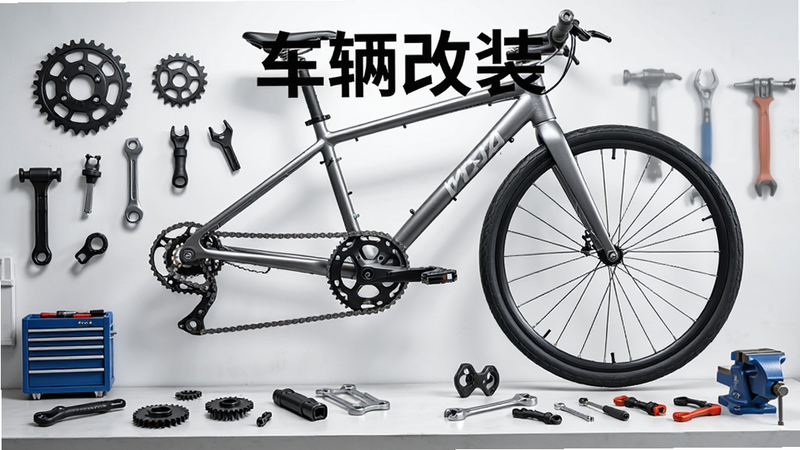 主体为自行车改装工作台场景,布局展示多种配件环绕自行车,风格为明亮工业风,细节清晰展示齿轮、链条与车轮结构,画质精细,干净,无多余元素,文字包含“车辆改装”