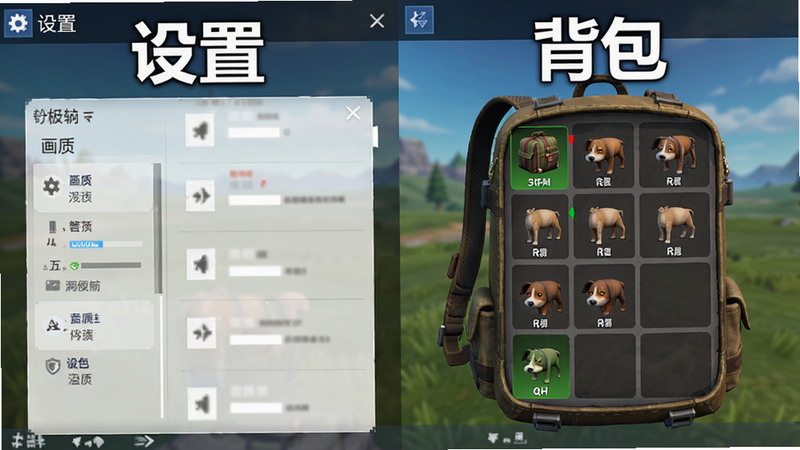 主体为游戏设置界面与背包管理界面拼接图,左侧显示画质设置选项,右侧显示背包整理后的整洁状态,风格为游戏UI截图,布局清晰,文字说明醒目,画质清晰,干净背景,无多余元素,文字“设置”与“背包”加粗显示