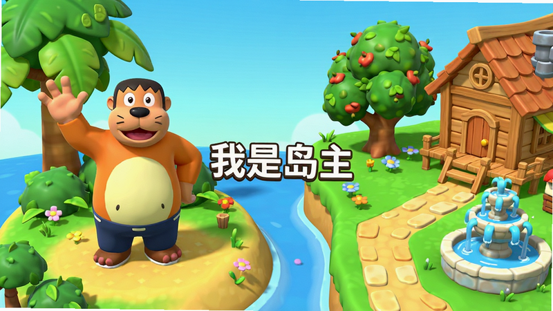 主体为“我不是胖虎:小岛大当家”游戏主界面全景图,布局采用横屏视角,左侧展示卡通角色胖虎在岛屿中心挥手,右侧排列着精致的木屋、果树和喷泉设施,排版错落有致,风格为高饱和度马卡龙色系卡通渲染,细节丰富展现叶片纹理与建筑光泽,画质高清,干净无多余元素,文字显示“我是岛主”居中悬浮