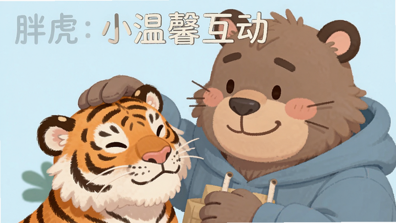 主体为“我不是胖虎:小岛大当家”中角色与宠物互动的特写镜头,布局聚焦于角色抚摸小老虎胖虎的动作,排版简洁突出主体,风格为柔和的二次元扁平化设计,细节刻画角色微笑表情与宠物毛发质感,画质清晰,干净背景,文字显示“温馨互动”位于上方