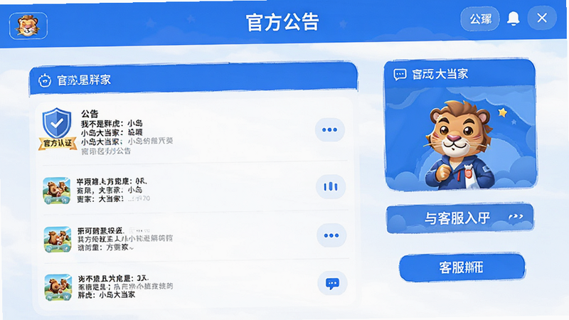 主体为“我不是胖虎:小岛大当家”官方社区界面概念图,布局展示公告列表与客服入口,排版整洁有序,风格为品牌蓝色调,细节突出“官方认证”标识,画质高清,干净界面,文字显示“官方公告”位于顶部