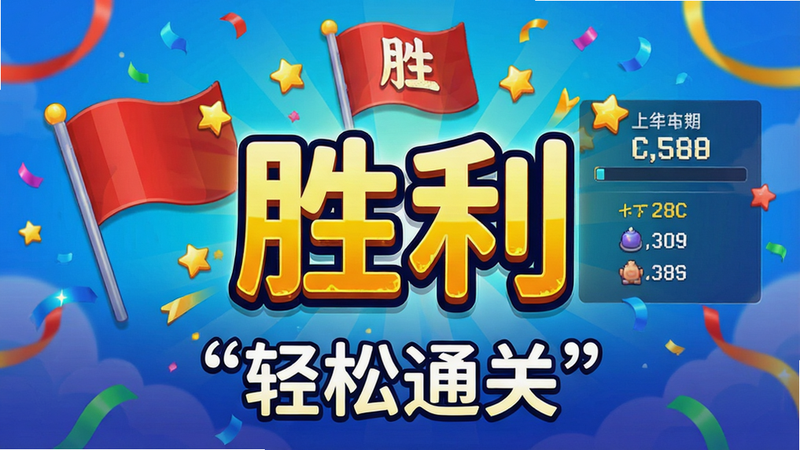 ����Ϊ��Ϸͨ�ؽ��棬������ʾʤ��������÷�ͳ�ƣ��Ű�ͻ����ʤ�������֣����Ϊ��ף��Χ��ϸ�ڰ����ʴ���������Ч���������ޣ��ɾ����޶���Ԫ�أ����֡�����ͨ�ء��ڵײ�������