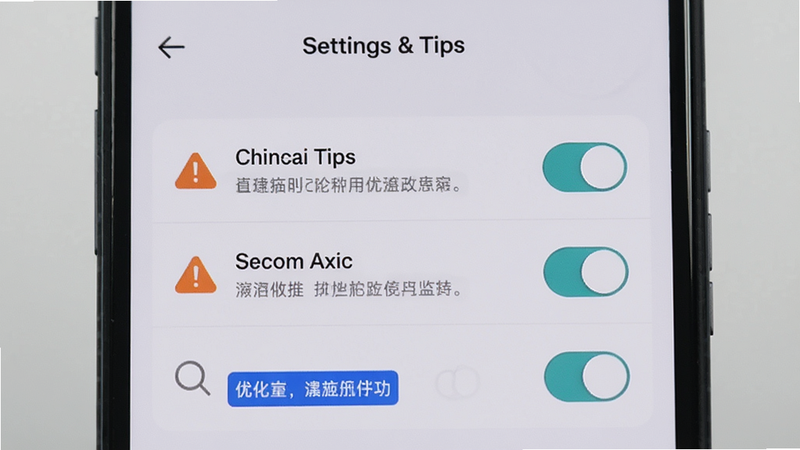 ChenAxic使用技巧演示,主体为手机屏幕显示的设置界面,布局包含多个开关选项与说明文字,排版整齐且层级分明,风格为简洁明了的向导式UI,细节包含高亮的警告图标与蓝色的优化提示标签,画质清晰,背景为浅灰色,文字显示为