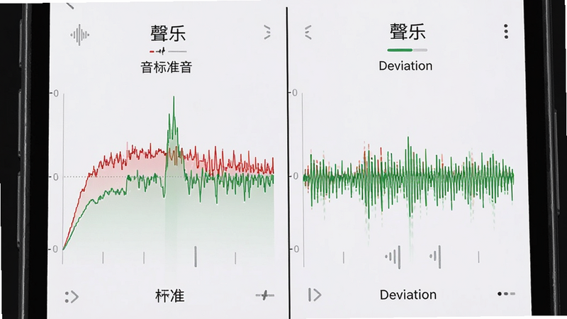 主体为手机界面特写,展示红色和绿色的音准对比曲线,布局左右分屏,左侧标准音右侧用户音,排版紧凑,风格极简科技,细节展示波形跳动,画质清晰,干净,文字包含